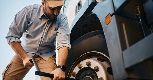 A man in a beige hat changing a semi-truck's tire. He uses a lug wrench to loosen the lug nuts on the tire.