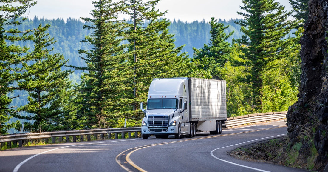 A white semi-truck driving through a mountain road. There are tall pine trees surrounding the highway.
