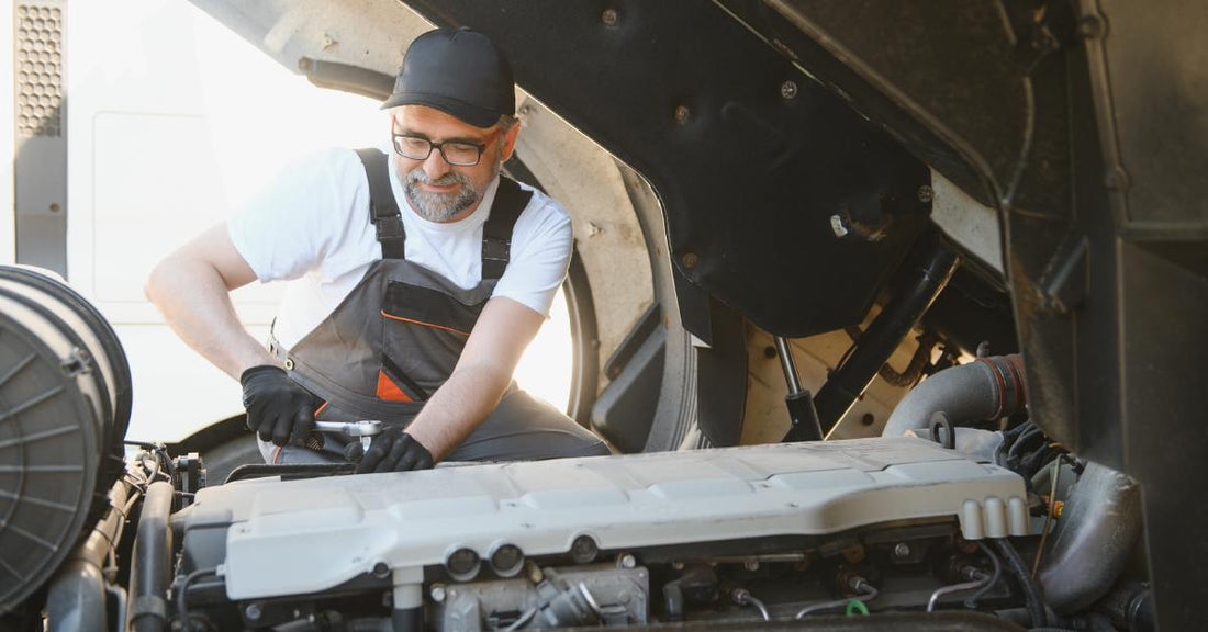 A man wearing glasses, a ball cap, and overalls tightens a component under the hood of a semitruck using a torque wrench.
