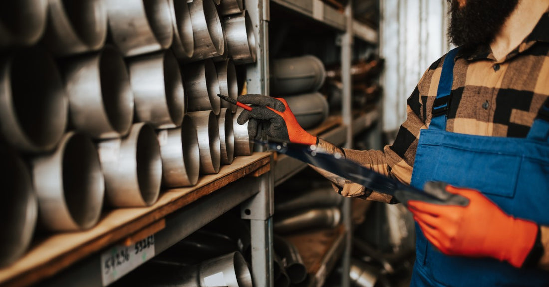 A man in orange gloves inspecting a shelf of high-quality, aftermarket truck parts in a spare parts warehouse.