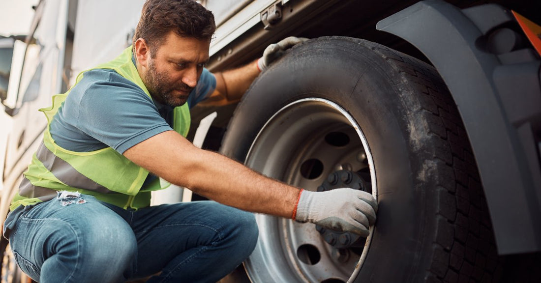 A professional mechanic checking the condition of a large truck's tires. He is looking for signs of damage and wear.